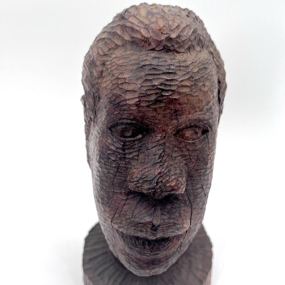 Antique Folk Art African American Man Solid Heavy Carved Wood Head Statue - Picture 3 of 10